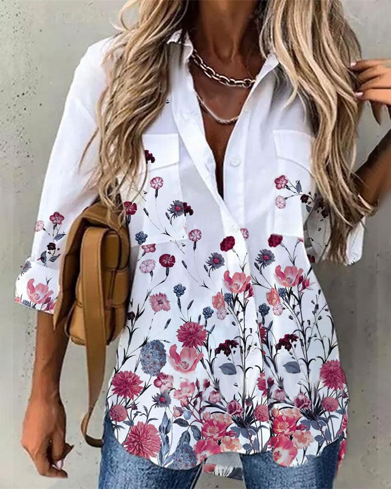 

Floral Print Long Sleeve Button Down Shirt, White