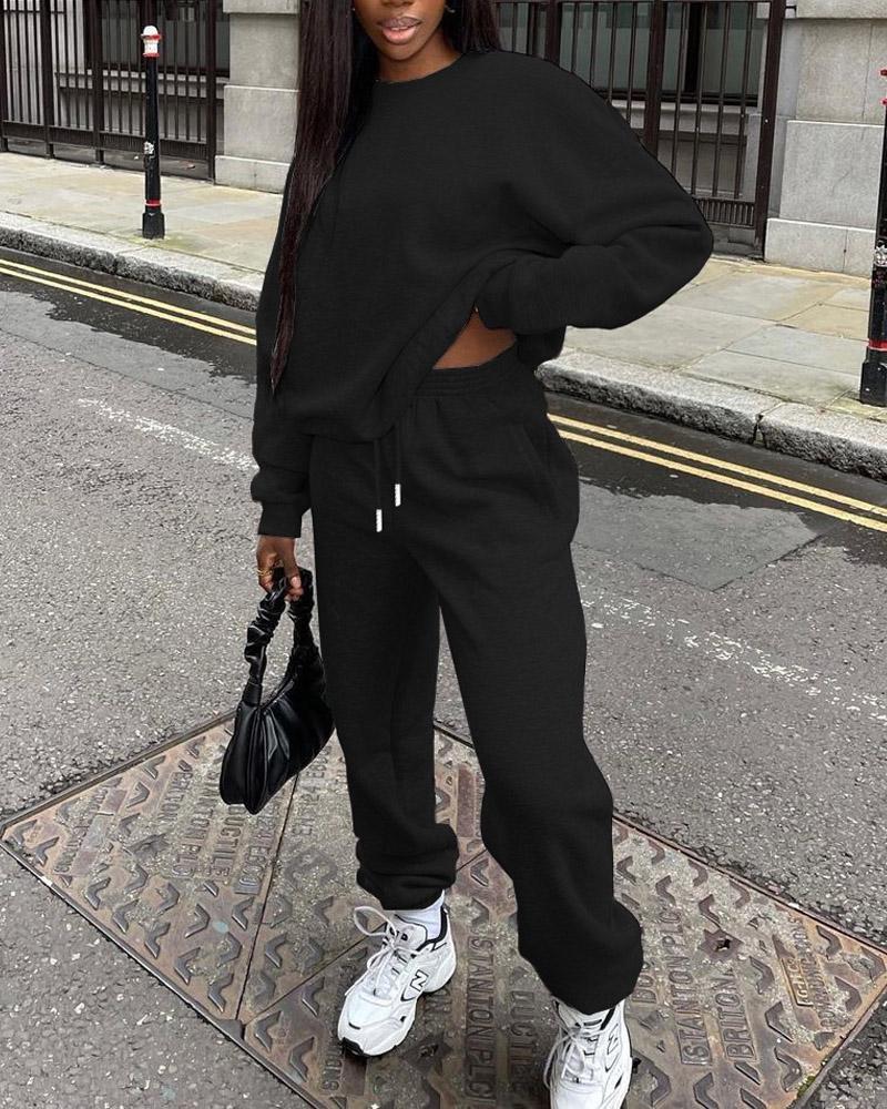 

Long Sleeve Top & Drawstring Sweatpants Set, Black