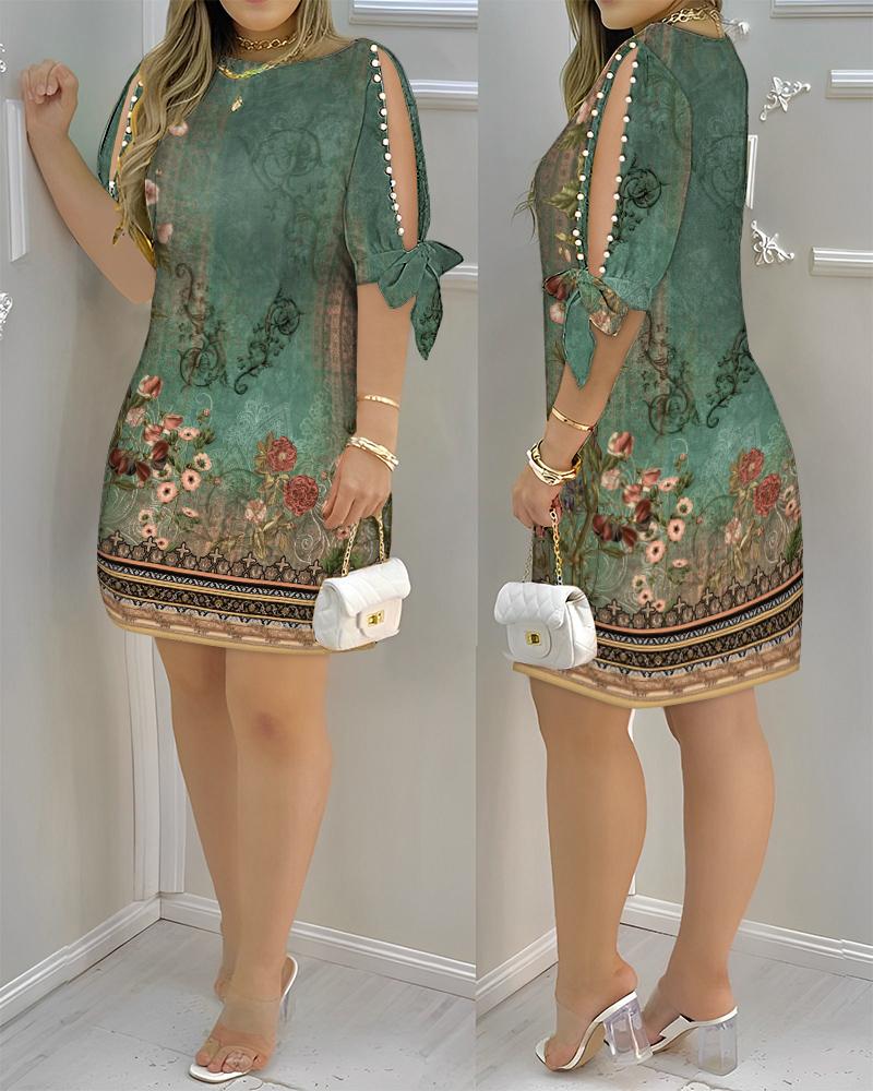 

Floral Tribal Print Split Sleeve Pearls Decor Casual Dress, Multicolor