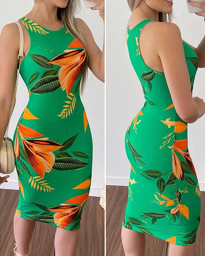 

Vestido ajustado sin mangas con estampado de hojas tropicales, Green