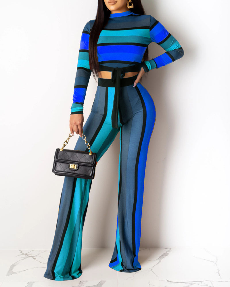 

Striped Long Sleeve Tied Detail Crop Top & Pants Set, Blue