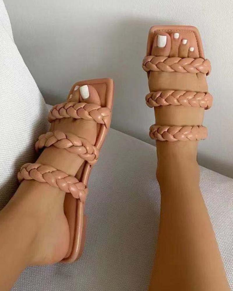 

Braided Strap Square Toe Slippers, Apricot