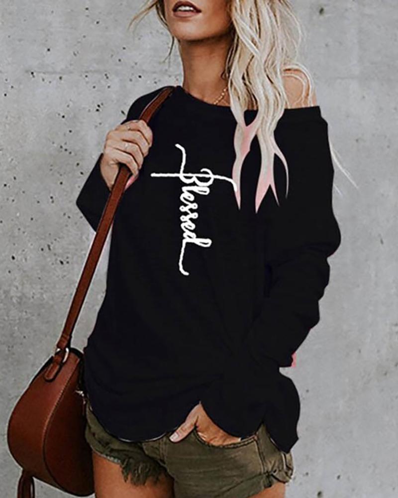 

Letter Print Long Sleeve Casual T-Shirt, Black