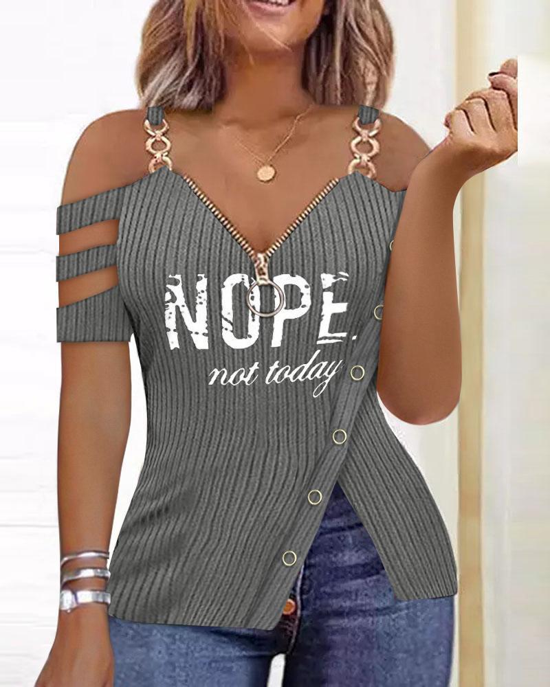 

Nope Not Today Print Zip Detail Split Hem Cold Shoulder Top, Gray