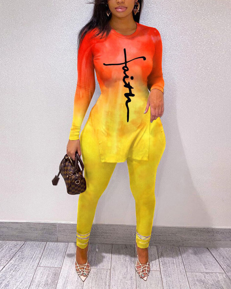 Conjunto de pantalón y top con dobladillo dividido y manga larga con estampado sombreado de Faith