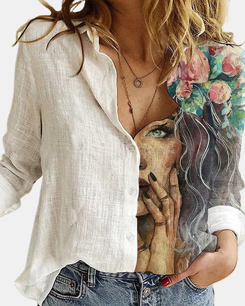 

Woman Floral Printing Long Sleeve Loose Blouse, White