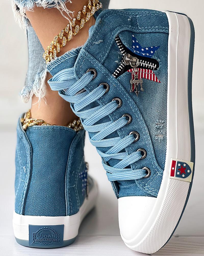 

Flag Pattern Zip Detail Lace-up Sneakers, Lighted blue