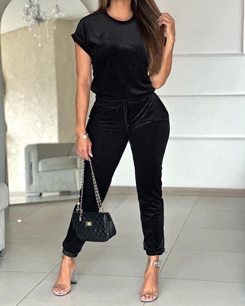 

O-Neck Short Sleeve Top & Drawstring Pants Set, Black