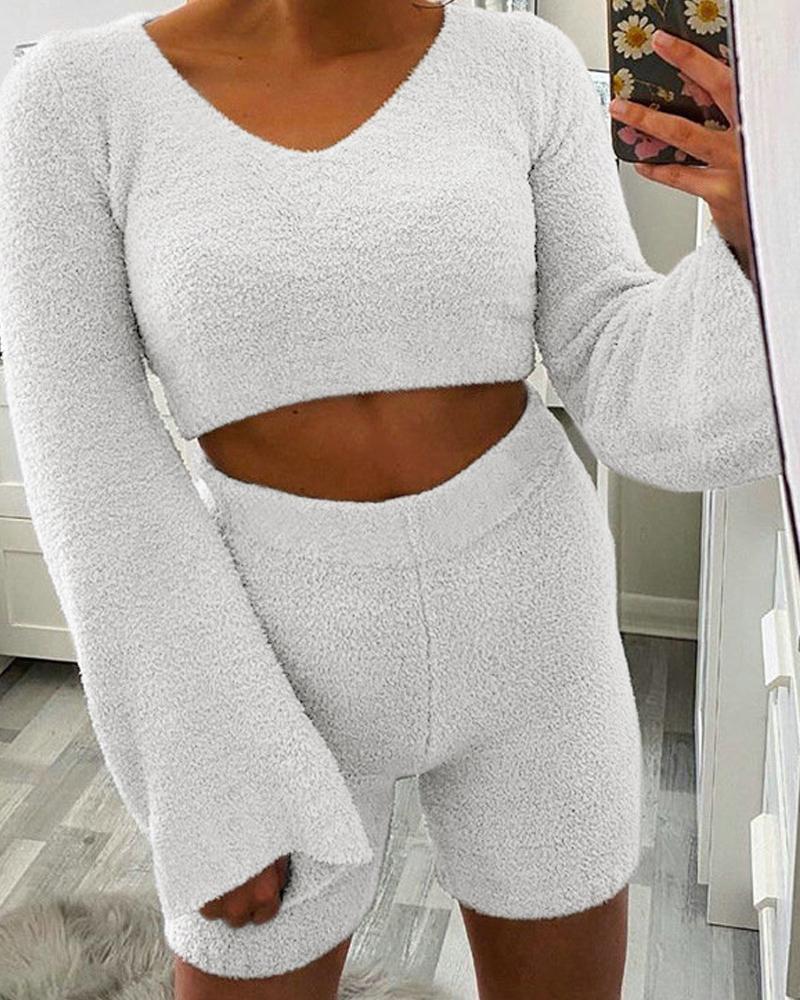

Comfy Fluffy Crop Top Shorts Homewear Sets, White