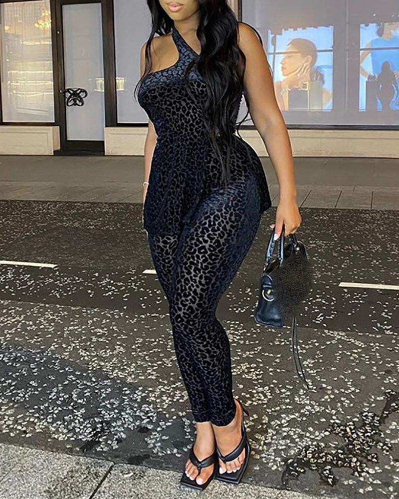 

One Shoulder Cheetah Print Skinny Jumpsuit, Black