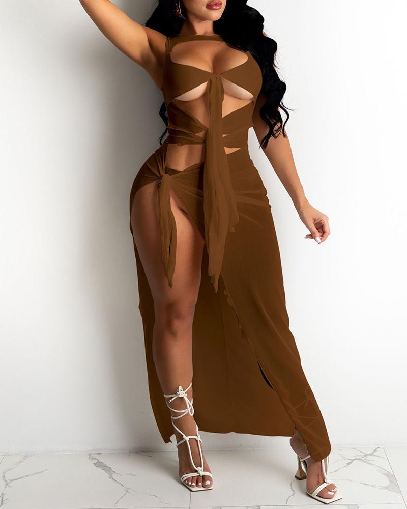 

Sheer Mesh Knotted Cutout High Slit Maxi Dress, Coffee