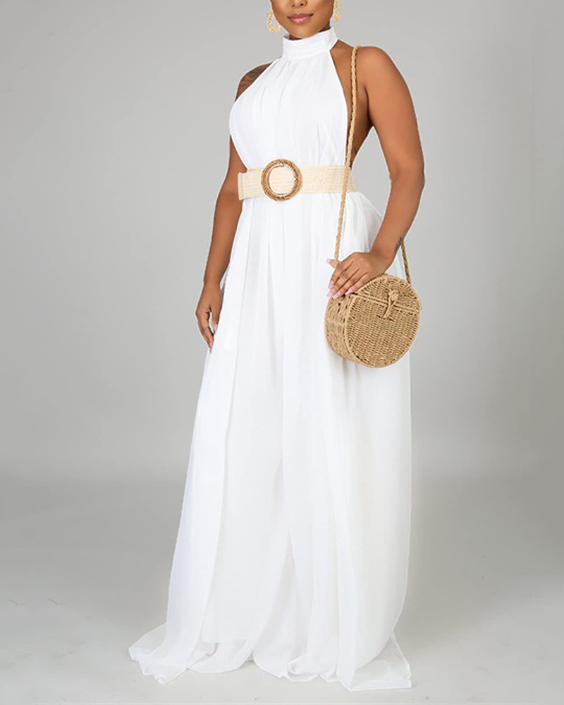 

Halter Backless Ruched Wide Leg Jumpsuit, White