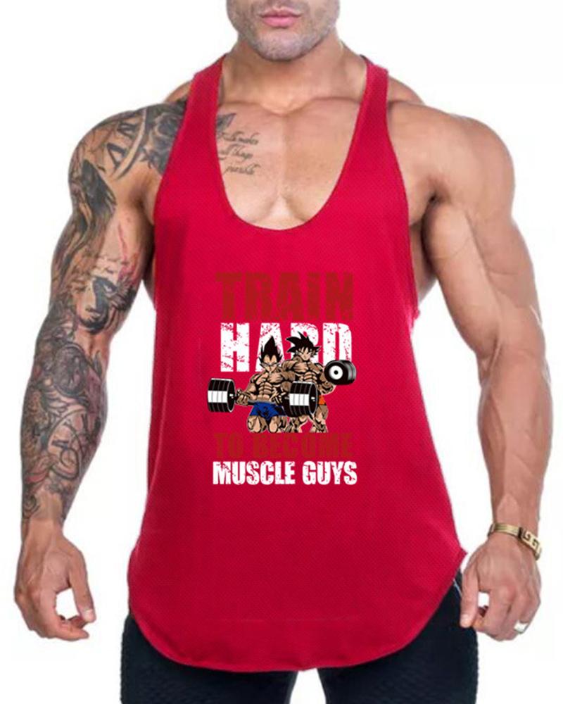 

Cartoon & Letter Print Sleeveless Sport Tank, Red