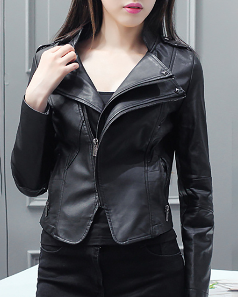 

PU Leather Zipper Pocket Design Long Sleeve Jacket, Black