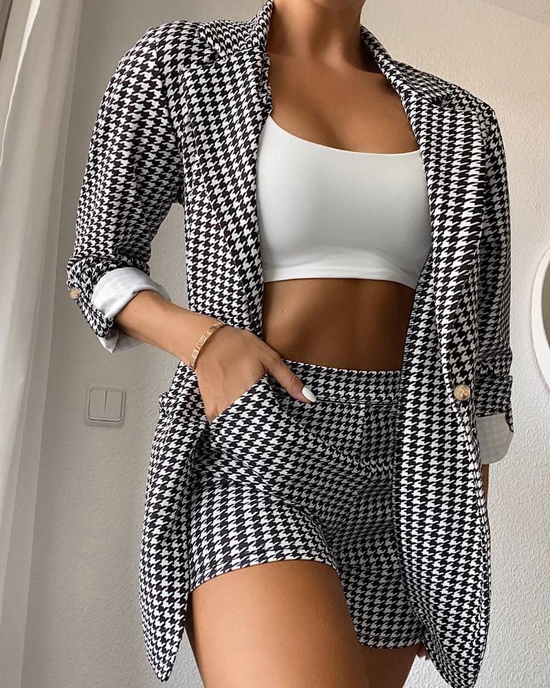 

Houndstooth Print Blazer & Pocket Design Shorts Set, Black