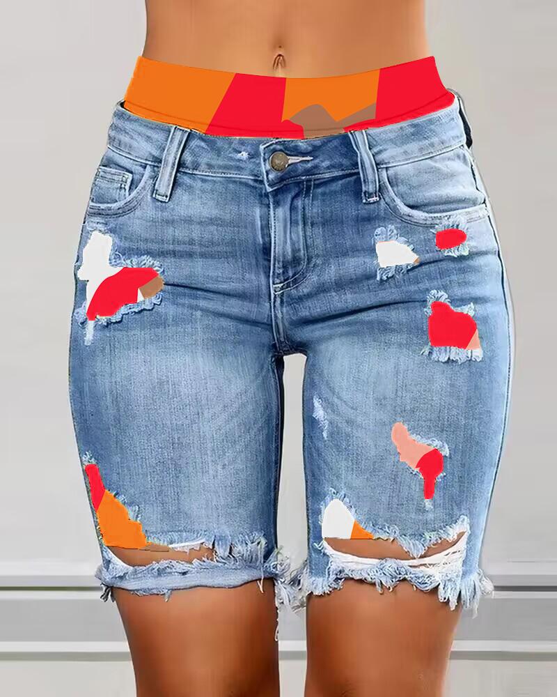 

Tie Dye Print Ripped Denim Shorts, Blue