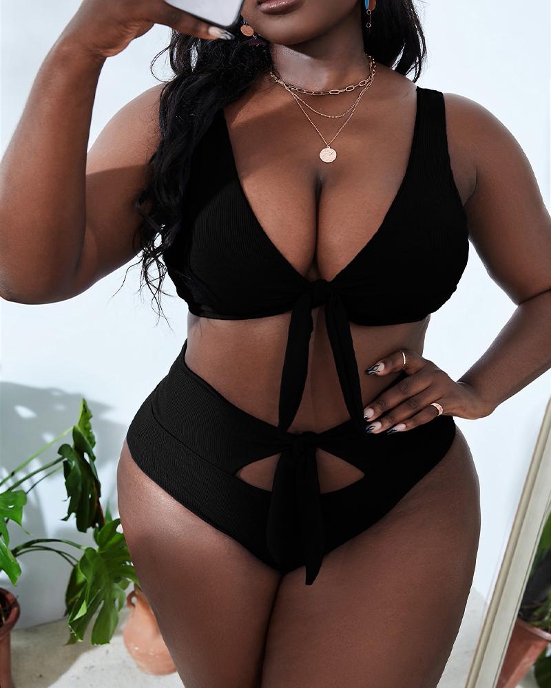 

Plus Size Tied Detail Cutout High Waist Bikini Set, Black