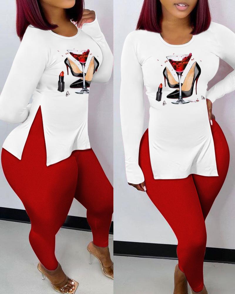 

Graphic Print Split Hem Top & High Waist Pants Set, Red