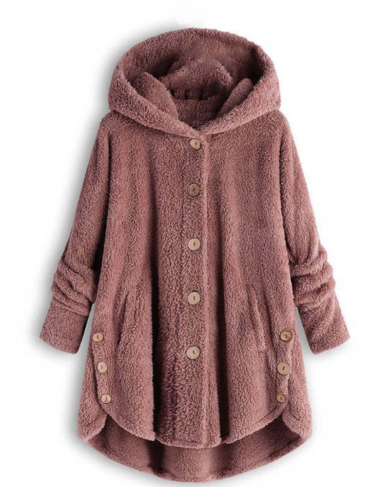 

Plus Size Long Sleeve Button Design Hooded Teddy Coat, Pink