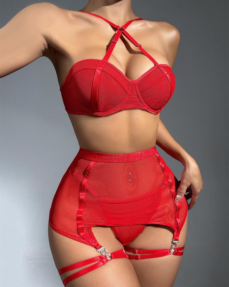 

Lace-up Design Sheer Mesh Garter Lingerie Set, Red