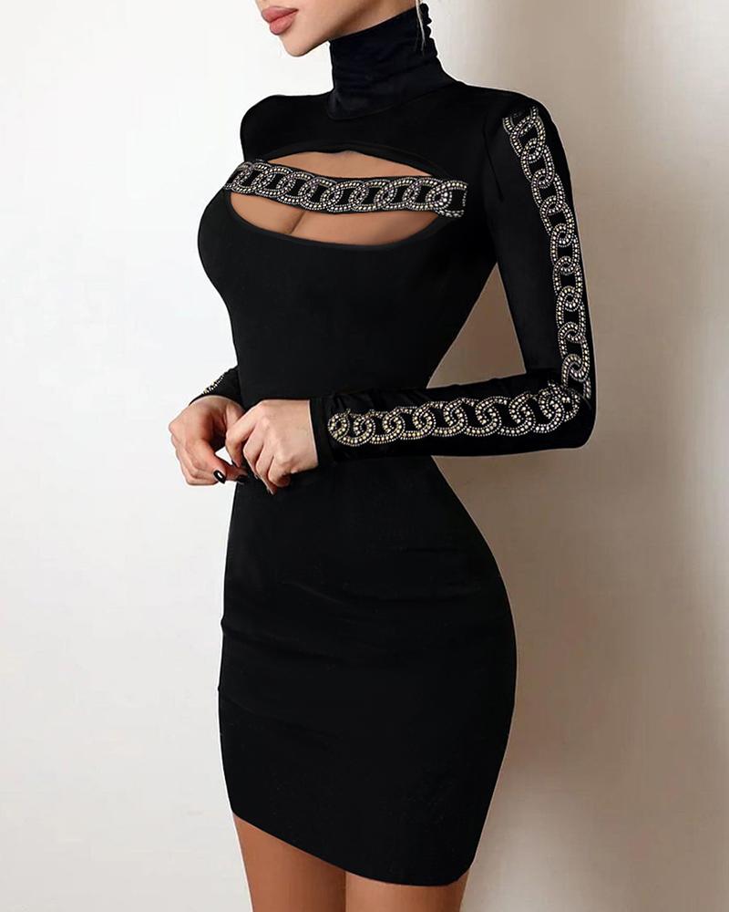 

Rhinestone Chain Pattern Cutout Bodycon Dress, Black