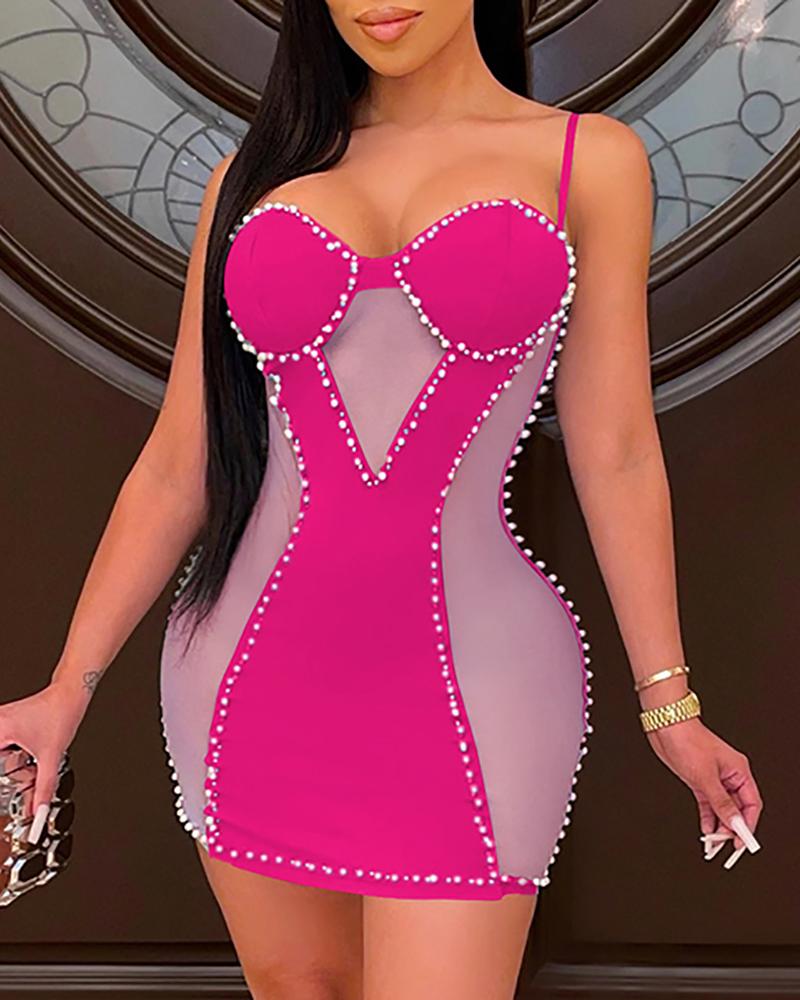 

Sheer Mesh Beaded Decor Bodycon Dress, Hot pink