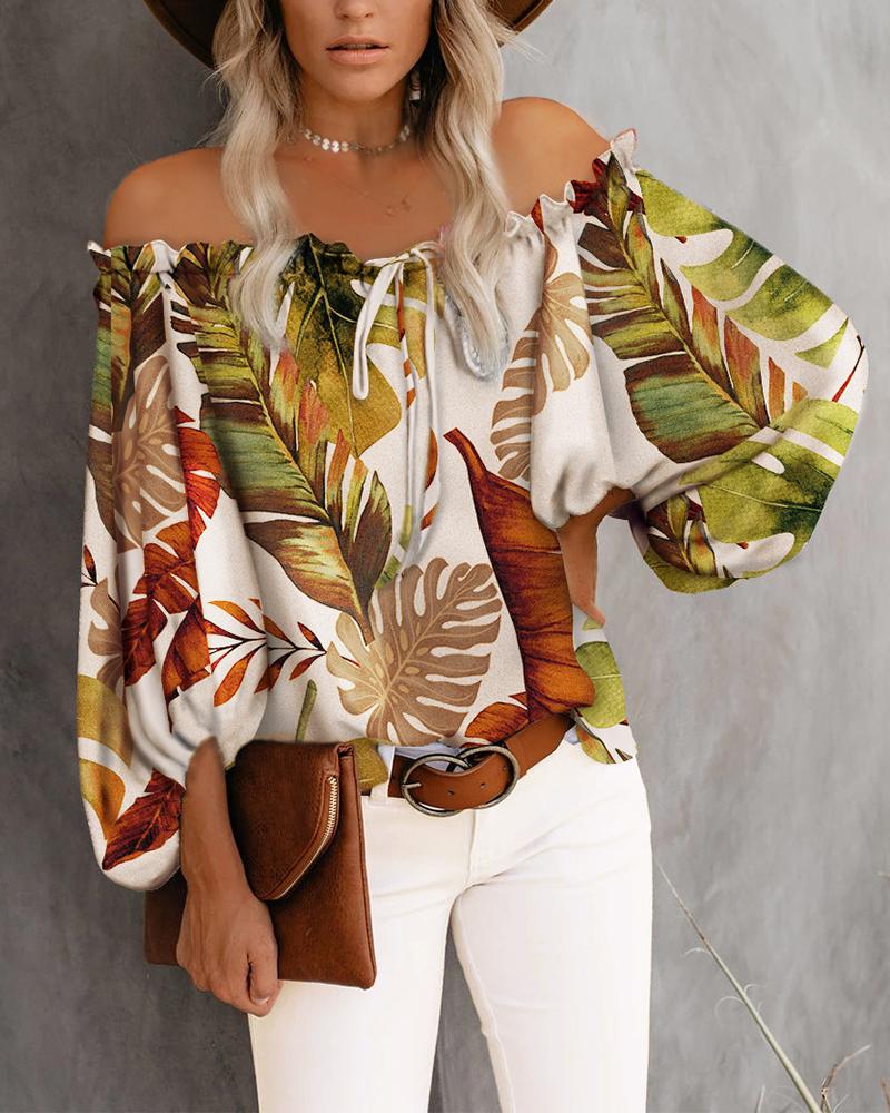 

Off Shoulder Frill Hem Tropical Print Top, Multicolor