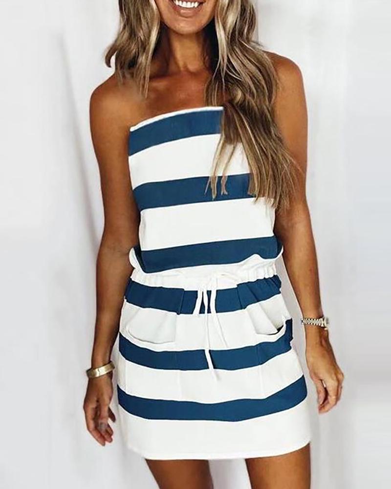 

Bandeau Pocket Design Drawstring Striped Dress, Blue