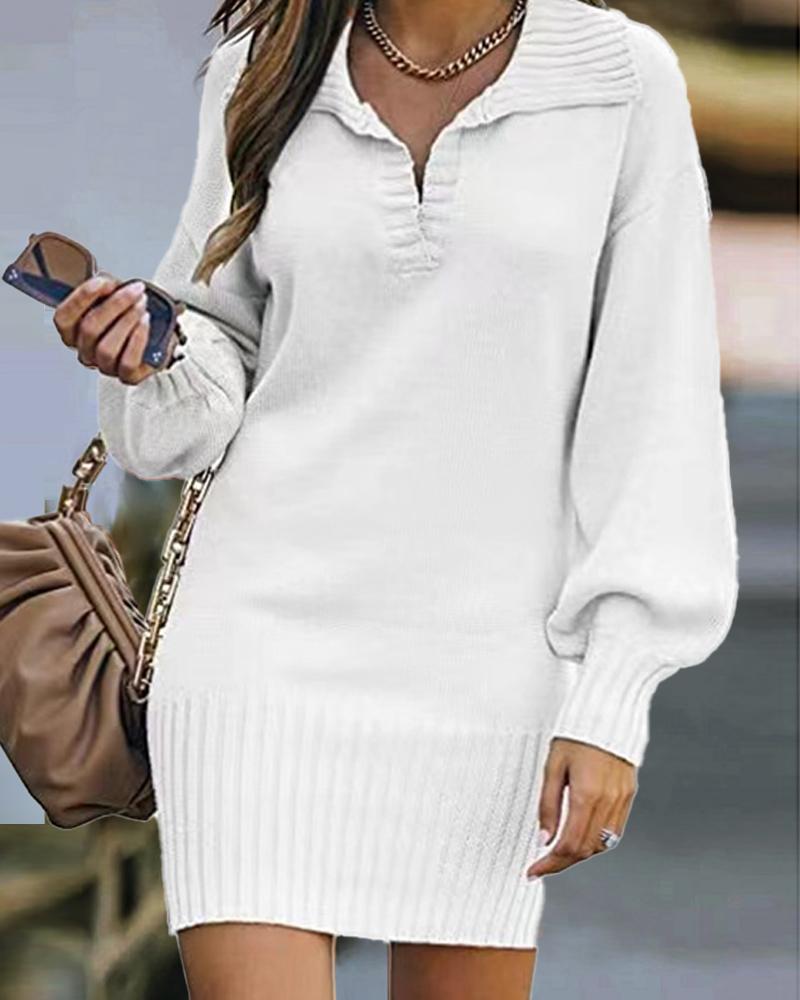

Lantern Sleeve Knit Sweater Dress, White