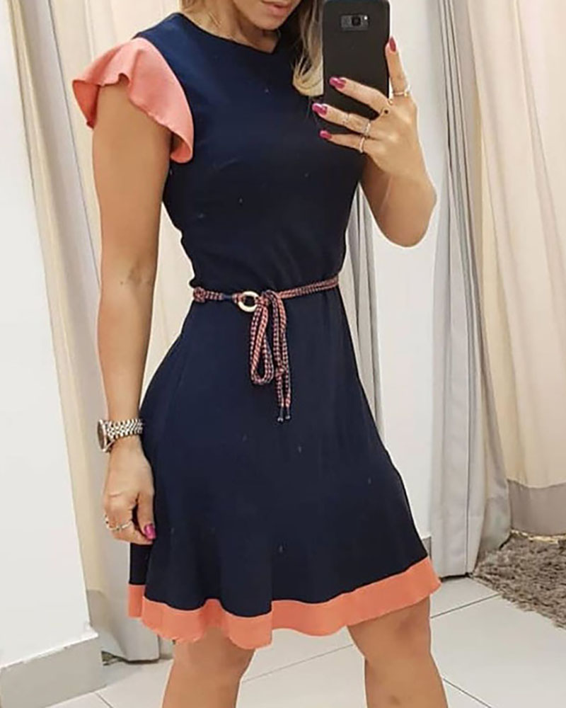 

Colorblock Ruffles Trim Dress, Purplish blue