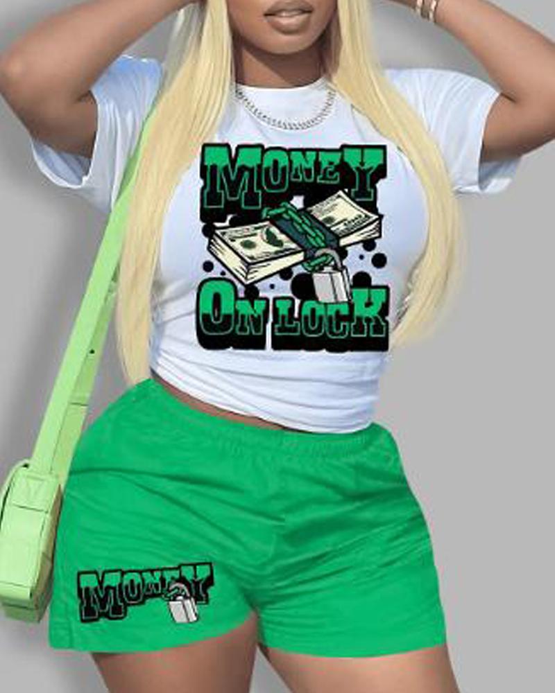 

Graphic Letter Print Casual Top & Shorts Set, Green