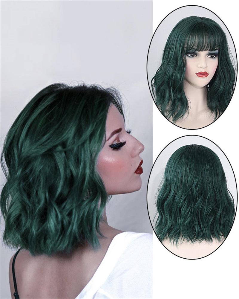 

Short Curly Hair Wig Shoulder Length Natural Looking Synthetic Wavy Bob Wigs With Bangs, Green