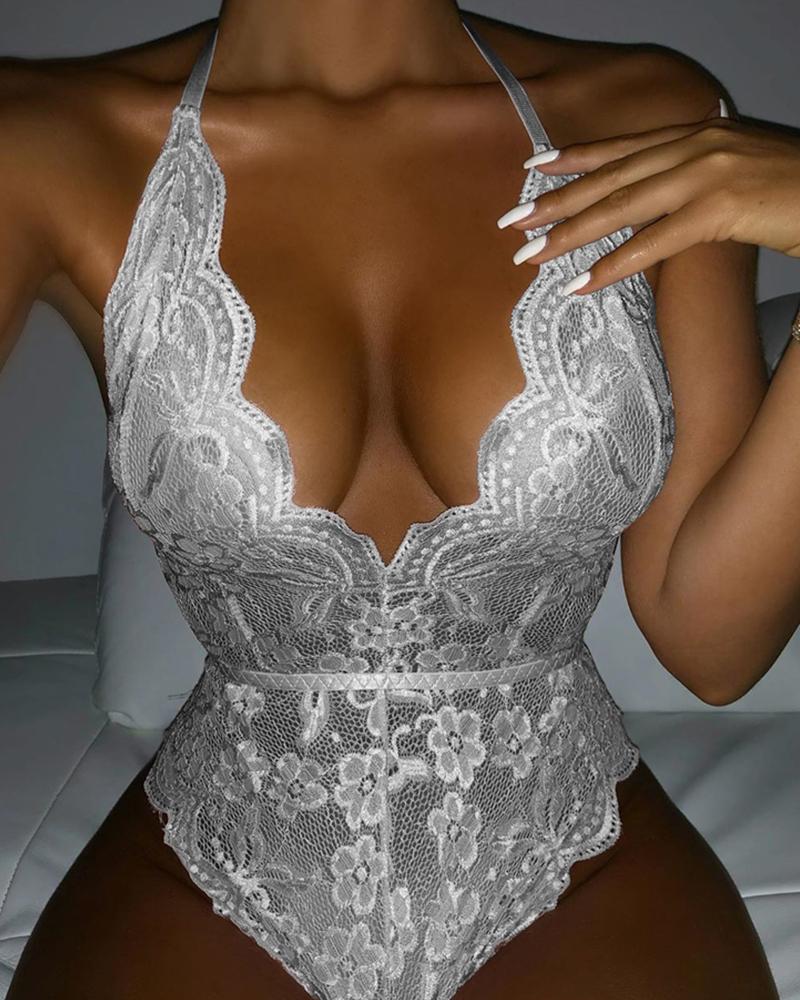 

Deep V Lace Teddy Lingerie, White