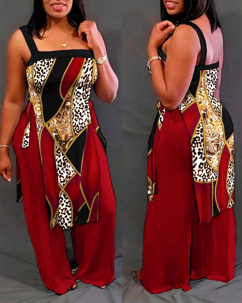 

Baroque Leopard Print Slit Asymmetrical Top & Wide Leg Pants Set, Red