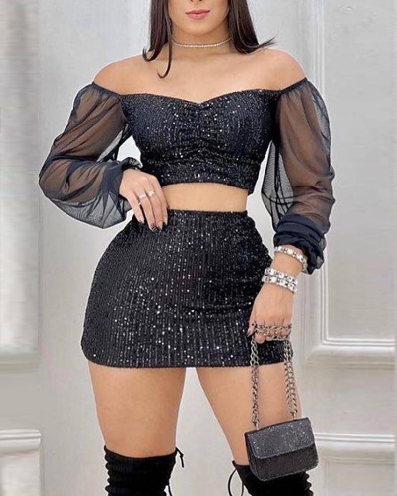 

Contrast Mesh Off Shoulder Sequin Crop Top & Skirt Set, Black