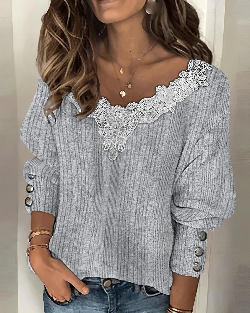 

Lace Patch Lantern Sleeve Ribbed Top, Gray