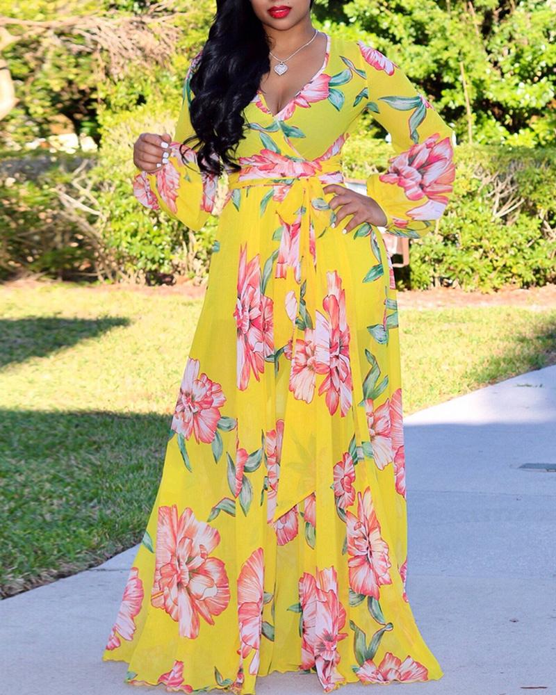 

Tropical Print Deep V Belted Warp Maxi Dress, Yellow