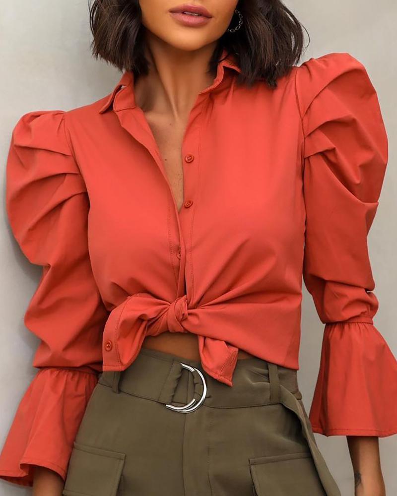 

Gigot Bell Sleeve Button Front Top, Orange
