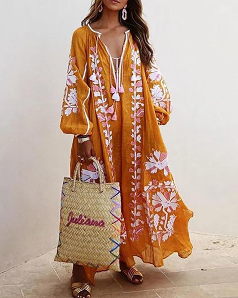 

V Neck Floral Print Long Sleeve Casual Dress, Yellow