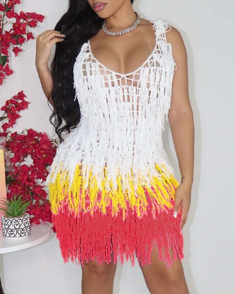 

Colorblock Hollow Out Crochet Tassel Trim Cover Up Beach Dress, Pink
