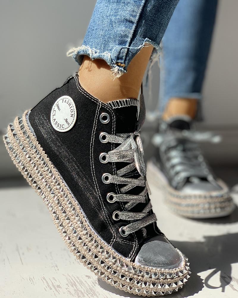 Leopard Print Studded Decor Eyelet Lace-up Sneakers