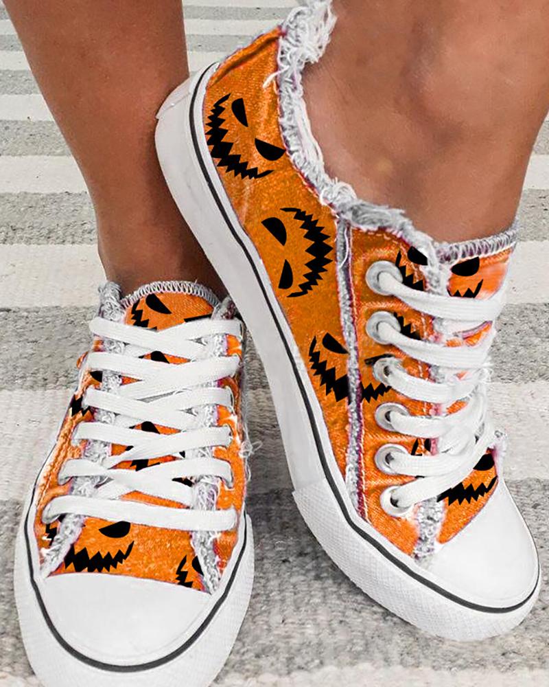 

Halloween Evil Face Print Fringe Hem Canvas Shoes, Orange