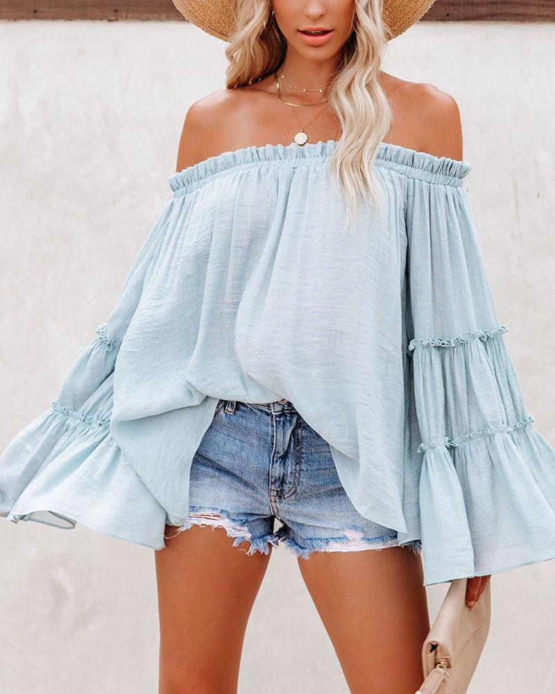 

Solid Color Off Shoulder Rufffle Hem Flared Sleeves Blouse, Blue
