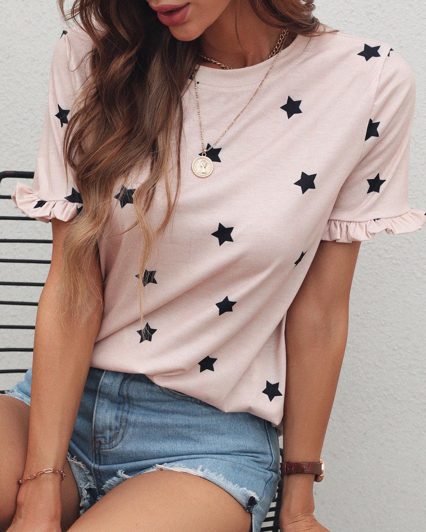 

Star Print Frill Hem Short Sleeve T-shirt, Apricot