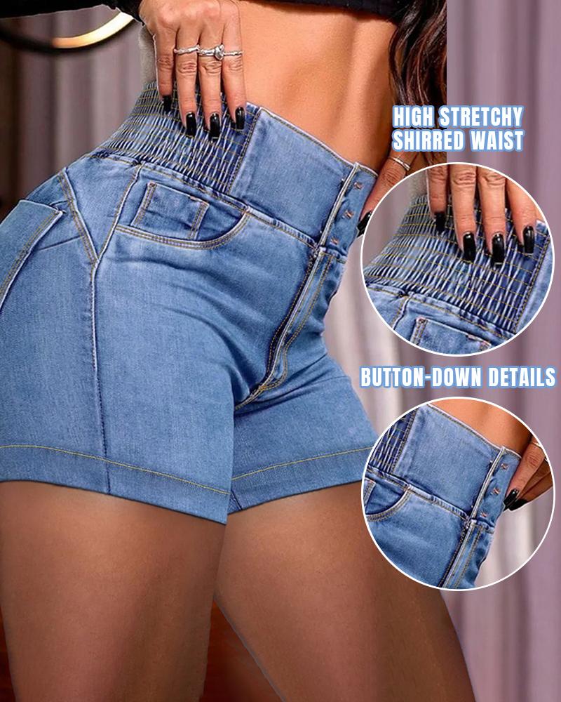 

High Waist Buttoned Washed Denim Shorts, Lighted blue