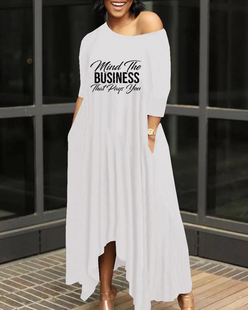 

One Shoulder Letter Print Pocket Design, White