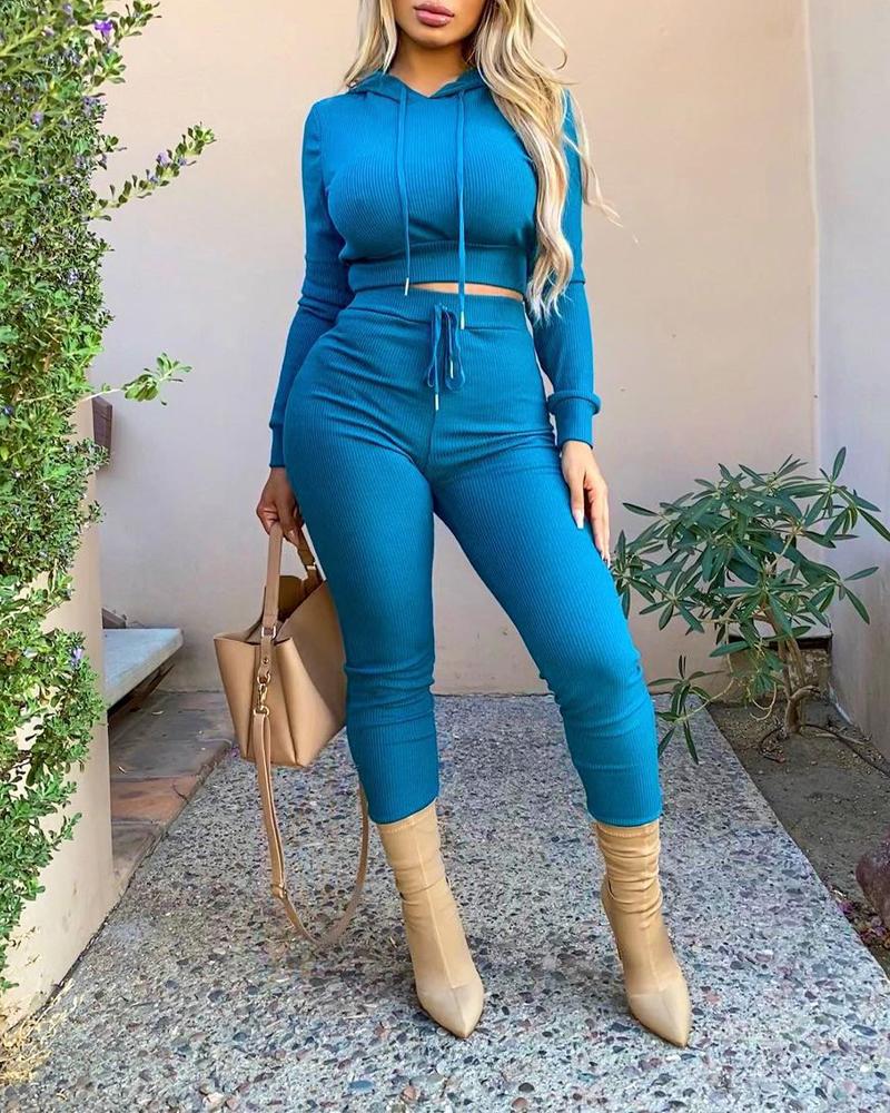 

Ribbed Long Sleeve Crop Top & Drawstring Pants Set, Blue