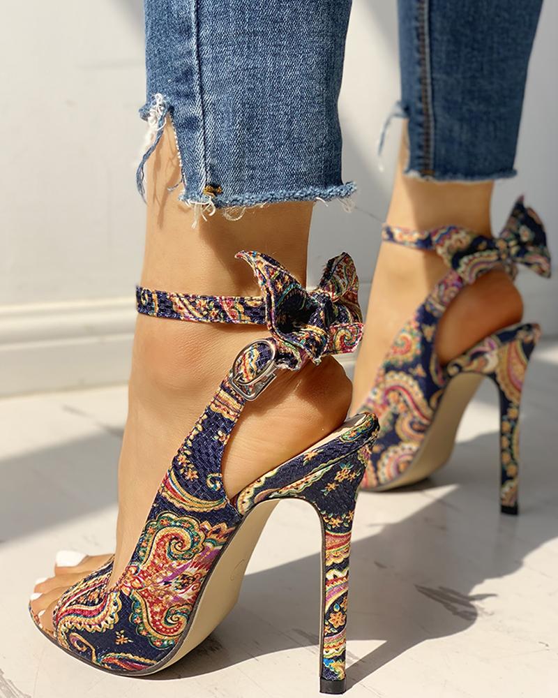 

Ethnic Print Ankle Strap Slingback Thin Heeled Sandals, Blue
