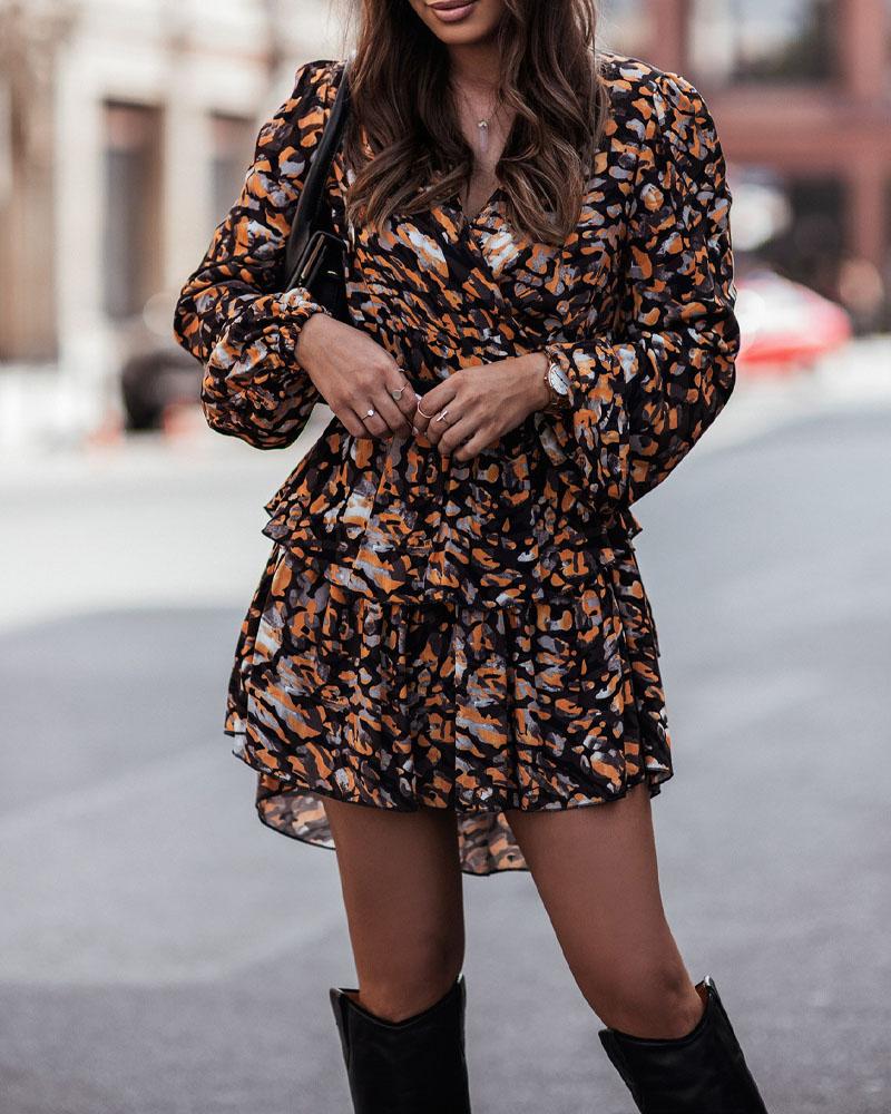 

All Over Print Lantern Sleeve Ruffle Hem Casual Dress, Coffee