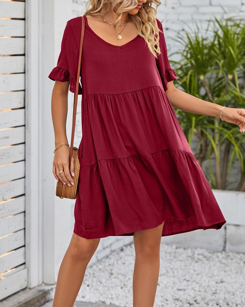 

Short Sleeve Casual Smock Dress, Wine red